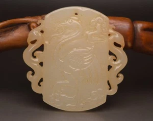 Hetian Jade Hand-Carved Deer Crane Fur Feather Prosperity - Picture 1 of 9