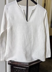 Women's Size Small 100% White Linen V-Neck Tunic, Long Sleeve - Picture 1 of 6