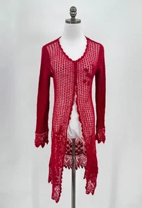 ii Sisters Red Mohair Open Crochet Button Front Long Cardigan Top Sz M - Picture 1 of 4