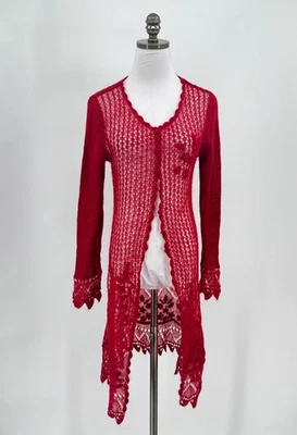 Cárdigan Largo II SISTERS Rojo Mohair Abierto Crochet Botón Delantero Talla M Foto 1 de 4