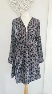 Womens George Black Purple Belted Tunic Style Dress Size 14 Roll Tab Sleeves - Picture 1 of 8