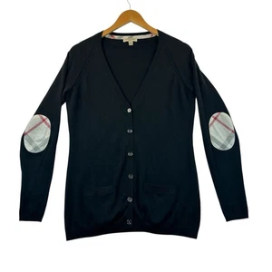 Burberry Brit Elbow Patch Cardigan Sweater Womens M Black Nova Check V Neck - Picture 1 of 14