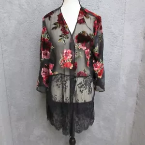 Copri kimono Dark Romance donna OS nero floreale velluto pizzo drammatico croquette - Foto 1 di 20