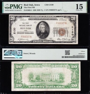 NICE *RARE* Choice Fine+ 1929 $20 RED OAK, IA National Banknote! PMG 15! 00327A - Image 1 of 3
