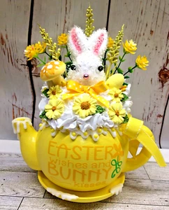 Yellow Easter Wishes & Bunny Kisses Flower Fake Whipped Cream Teapot Tray Decor - Picture 1 of 4