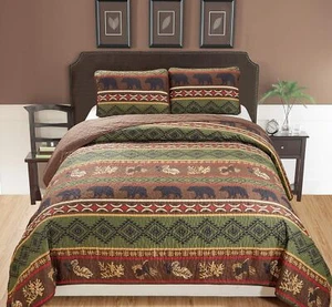 Western Brown Quilt Set with Grizzly Bears and Pinecone Prints, Queen (3 Piec... - Picture 1 of 2