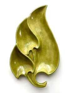 VTG 1968 Pottery MCM Green Art Nouveau Leaf Divided Tray Candy Dish 15” EUC - Picture 1 of 10
