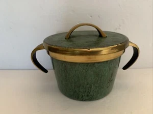 Vintage grün gold emailliert Messing Henkel Schüssel mit Deckel, Bonbonglas ISRAEL - Bild 1 von 12