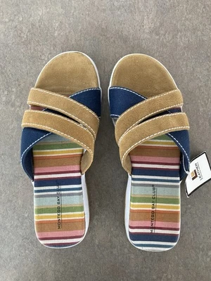 Sandalias deslizantes superiores de cuero tostado/azul nuevas con etiquetas con plantilla a rayas y suela de goma - 8 Foto 1 de 4