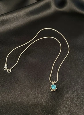 Ladies Sterling Silver Necklace Blue Zircon (not Zirconia)  6mm Round  NEW - Image 1 of 4