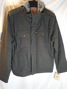 Levi's Sherpa Lined Men Military Jacket Olive Washed Cotton Zip Snap Hood S NWT - Picture 1 of 10