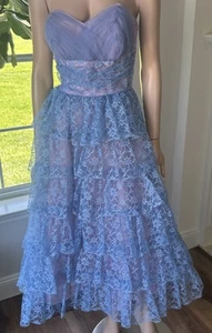 Vintage 50er Jahre Trägerlos Spitze Blau Cupcake Tüll Party Ballkleid - Bild 1 von 13