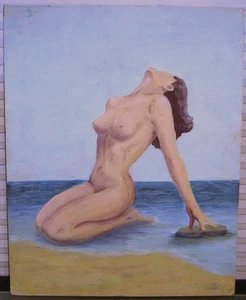 Vintage Mid Century Ölgemälde Akt Frau sitzt am Strand - Bild 1 von 7