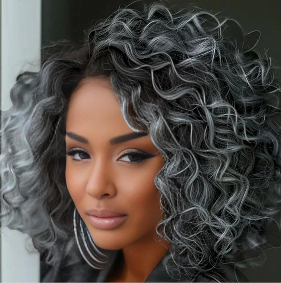 Pelucas Bob Rizadas Ombre Sal y Pimienta 100% Cabello Humano Encaje Frontal Pelucas Raíces Oscuras Foto 1 de 4