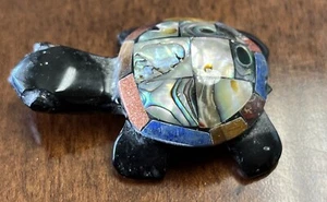 Black Onyx Turtle Figurine Mother Pearl Semi Precious Stones Goldstone - Picture 1 of 12