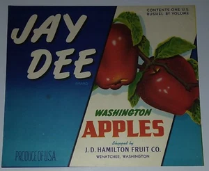 Jay Dee brand Washington Apples old fruit crate label from Wenatchee, Washington - Picture 1 of 1