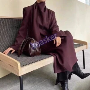 Abrigo largo de lana cortavientos rojo coreano otoño cuello suelto para mujer - Imagen 1 de 22