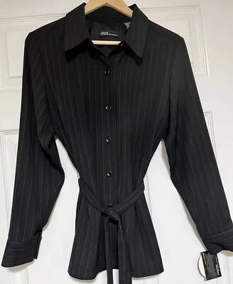 Blusa corporativa Valerie Stevens Blazer para mujer 10P negra a rayas con cinturón nueva con etiquetas Foto 1 de 4