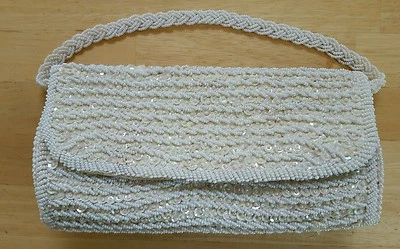 BOLSO DE MANO VINTAGE BLANCO CON CUENTAS BOLSO DE GRADUACIÓN NOCHE FORMAL MONEDERO Foto 1 de 4