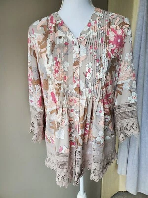 Coldwater Creek Blouse Womens XS Pink Beige Pleated Crochet Hippie Lagenlook  - Image 1 of 4