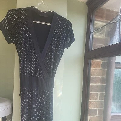 Black Spotted wrap around dress,  slopes down on one side, size 10 - Image 1 of 4