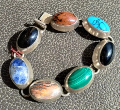 Multi Stone Chunky Bracelet Sterling Silver 7.5" Taxco Lapis Jasper Malachite - Image 1 of 4