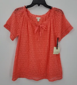 Anthropologie Hinge Top Womens XS Orange Lace Bell Sleeve Tie Neck Boho Sheer - Picture 1 of 7