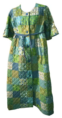 Maxi vestido de casa acolchado años 60 azul verde manga con volantes largo patrón de retazos Foto 1 de 4
