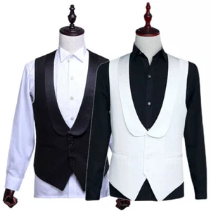 Men Waistcoat Gilet Shawl Lapel Suit Vest Top Wedding Blazer Slim Casual White - Picture 1 of 14