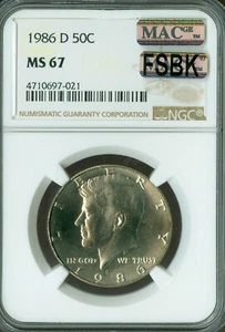 1986 D KENNEDY HALF DOLLAR NGC MS67 FSBK PQ 2ND FINEST GRADED MAC SPOTLESS . - Picture 1 of 6