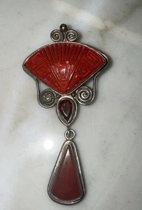 SAJEN 925 STERLING GESCHNITZTER ZINNOBER ROTER GRANAT & OPALIT STEIN BROSCHE ANHÄNGER - Bild 1 von 5