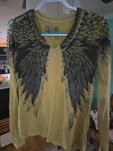 Affliction Women's “AGE OF WINTER” Yellow Long Sleeve V-Neck AngelWings T-Shirt - Picture 1 of 3