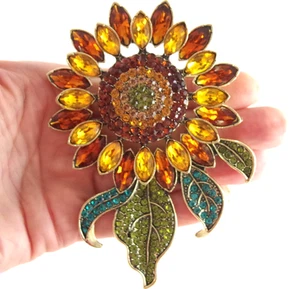 HUGE 4 1/8" NWOT DESIGNER STYLE CRYSTAL RHINESTONE SUNFLOWER FLOWER BROOCH PIN - Picture 1 of 16
