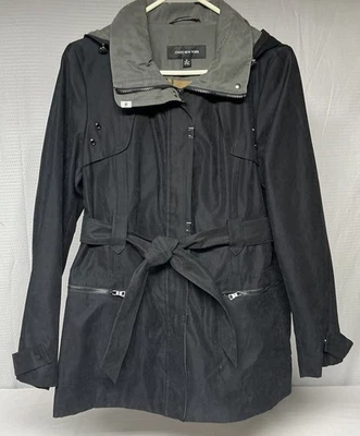Jones New York Mujer Negro Cinturón Chaqueta de Lluvia Abrigo Capucha Extraíble Mediano Nuevo sin Etiquetas Foto 1 de 4