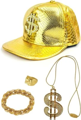 HENBRANDT LTD 4pc HipHop Rapper Costume Set 80s 90s Theme Disco Fancy Dress Party Accessories