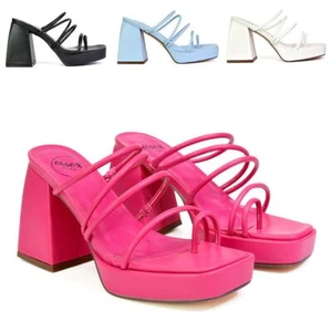 Sandalias de tacón alto para mujer Zapatos de plataforma con puntera cuadrada con tiras talla 3-8 - Imagen 1 de 35