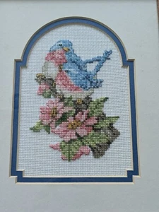 Framed Vtg Blue Birds Cross Stitch Handiwork 9.5x11.5 Cottagecore Country - Picture 1 of 8