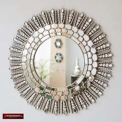 Decorative Round Mirror 31.5" from Peru, Large Silver Sunburst Mirror Bathroom - Image 1 of 4