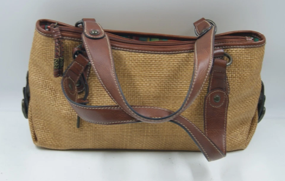 Vintage Fossil Key Per Handbag Women's  Brown Straw Leather Shoulder Hobo Bag - Imagem 1 de 4