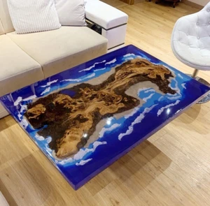 60 X 36 Inches Blue Epoxy Live Edge With Wood Dining Table & Gift For Christmas - Picture 1 of 1
