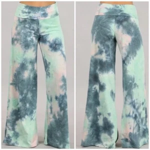 Teal Green Tie Dye Wide Leg Palazzo Relaxed Fit Foldover Waist Lounge Pants - Picture 1 of 6