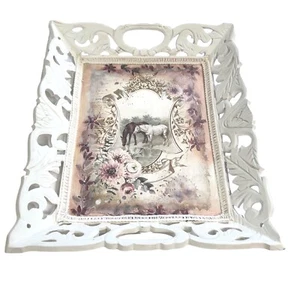 Decorative White Tray Wall Hanging Horses Floral Decoupage Floral Aged 16 X 13 - Picture 1 of 6
