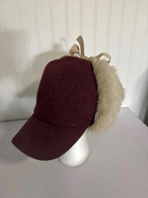Raspberry Tweed Wool Hat With Faux Fur Line Ear Flaps Trapper Style w/Visor EUC - Image 1 of 4