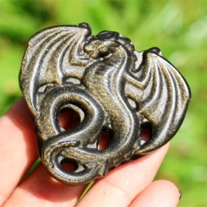 1.9" Hand Carved Natural Gold obsidian dragon Reiki Crystal Skull decor 1PC - Picture 1 of 12