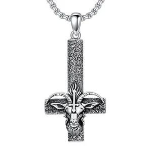 Satanic Necklace Sterling Silver Baphomet Goat Head Upside down Inverted Cross - Picture 1 of 6