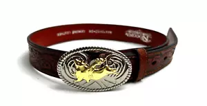 Nocona Western Tooled Brown Leather Belt Kids Boys Bull Rider N4410402-24 - Picture 1 of 4