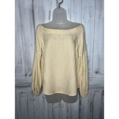 MAEVE MEZCLA LINO AMARILLO BLANCO RAYAS FUERA DEL HOMBRO 3/4 MANGA GLOBO TOP 6 Foto 1 de 4