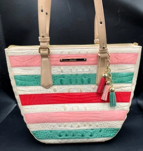 Brahmin Willa Croc Embossed Leather Tote Bag Stripe Cayo Coco Sunglow - Picture 1 of 11