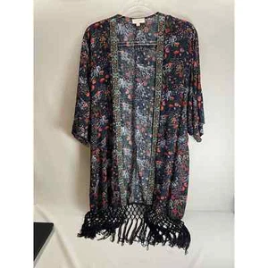 Knox Rose Navy Floral Beaded Short Sleeve Kimono Fringe Size Large - Picture 1 of 6
