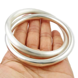 Polished and Satin Hallmarked 925 Sterling Silver Double Circle Tube Bangle - Picture 1 of 8